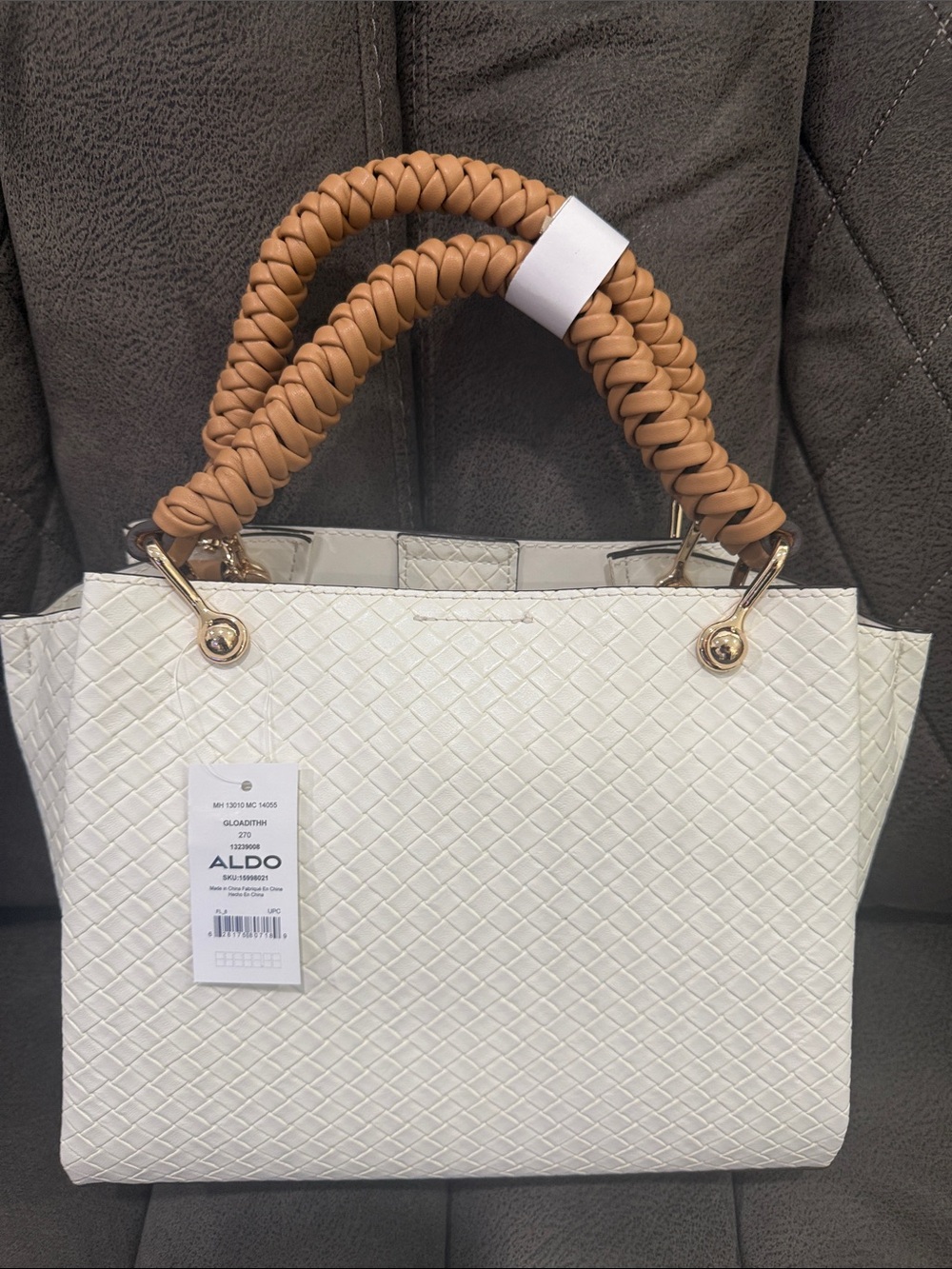 Aldo White Woven Tote with Tan Braided Handles